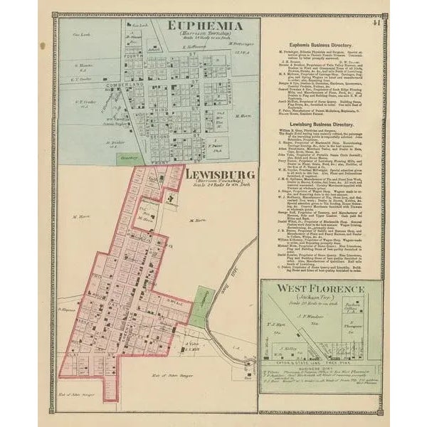 Antique map titled 'Euphemia, Lewisburg, West Florence'. Original antique map of villages and communities of Ohio. This...