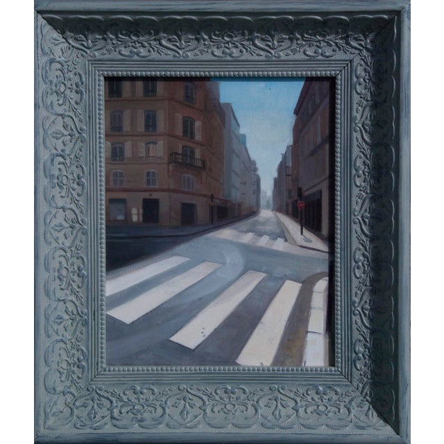 Paris Street 2 by Richard T Scott | Oil on canvas city street with crosswalk and buildings For Sale