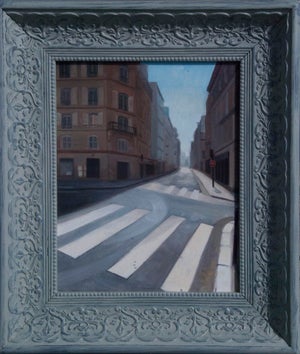 Paris Street 2 by Richard T Scott | Oil on canvas city street with crosswalk and buildings