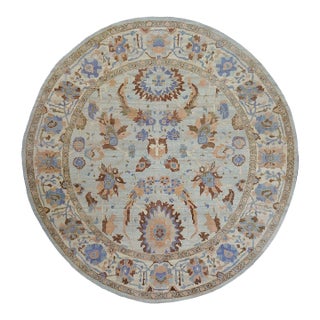 Afghan Sultanabad Master Wool 11x11 Round Ivory, Light Blue & Light Orange Handmade Area Rug #1143252 For Sale