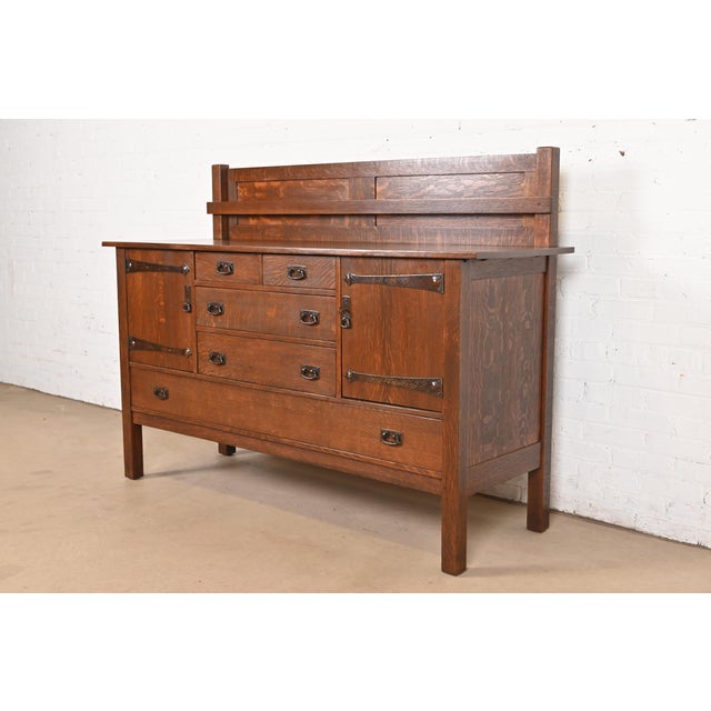 Mission L. & J. G. Stickley Antique Mission Oak Arts & Crafts Strap-Hinge Sideboard, Newly Refinished For Sale - Image 3 of 12