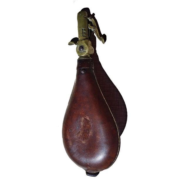 19th Century James Dixon & Sons detailed leather and brass powder horn with tooled image showing wild game. Threaded brass...