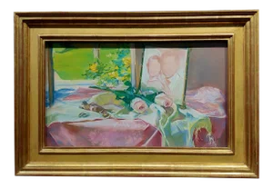 Gerald David Rahm -Still Life of Pink Roses & Photo by the Window - Painting