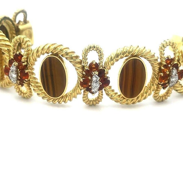 Contemporary La Triomphe Diamond Bracelet Citrine Tiger's Eye Cable Oval Bow Links For Sale - Image 3 of 7