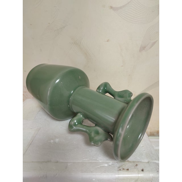 Early 20th Century Chinese Ceramic Vase Longquan Ware Celadon Vase Hand Carved Double Dragon Ears For Sale - Image 5 of 11