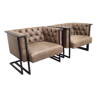 Pair of Modern Tufted Leather Club Chairs For Sale