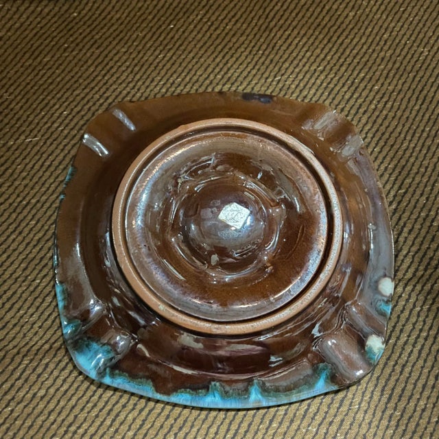 Mid Century Blue and Brown Drip Glaze Ashtray For Sale - Image 4 of 6