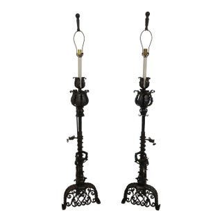 Pair Gothic Wrought Iron Fireplace Andiron Lamps For Sale