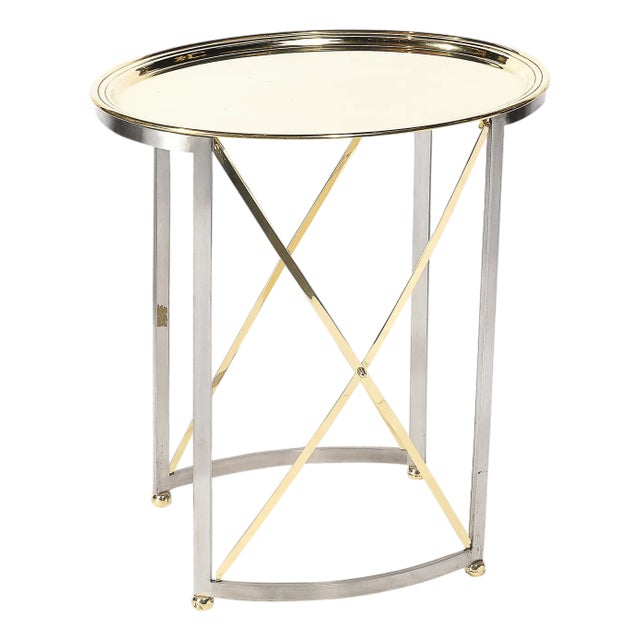 Mid-Century Polished Brass & Brushed Steel Side Table With Lattice Supports For Sale