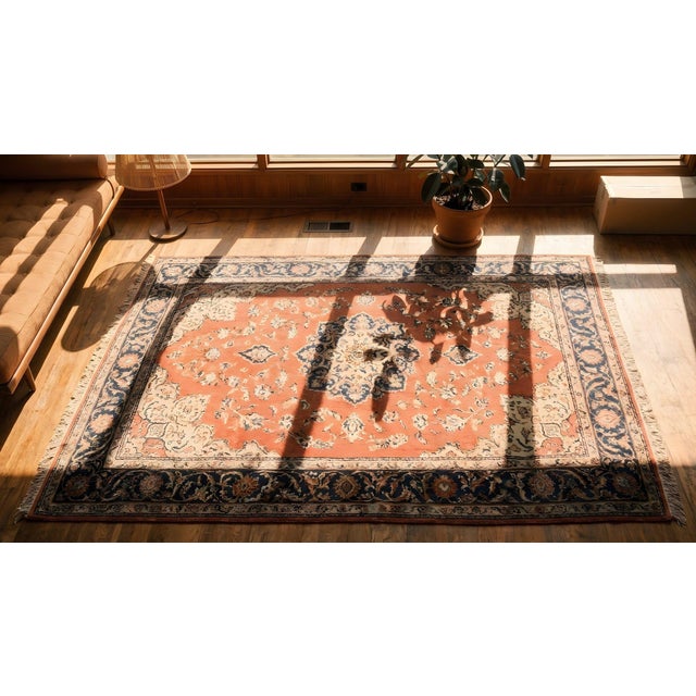 Textile A Peach Background Color in a Medallion Pattern Antique Fairly Woven Persian Tabriz Haji Jalili Rug For Sale - Image 7 of 7
