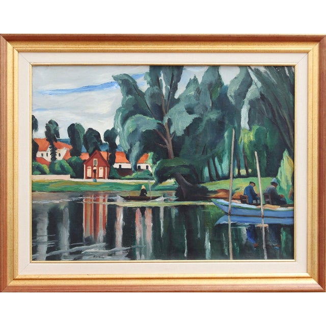 Charles Kvapil, Boats on a Pond, 1930s, Oil on Canvas, Framed For Sale