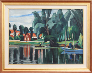 Charles Kvapil, Boats on a Pond, 1930s, Oil on Canvas, Framed