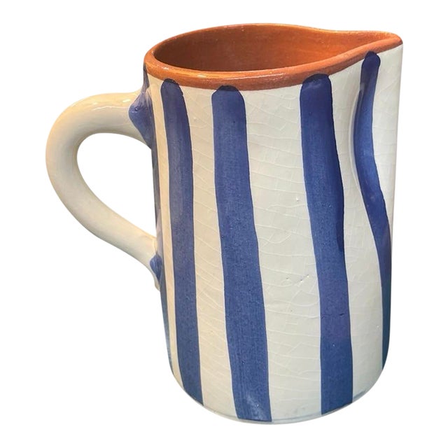 Vintage Moroccan Hand-Painted Striped Terracotta Pitcher For Sale