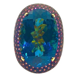 Bochic “Orient” Vintage London Blue Topaz & Rhodolite Ring Set In 18 K Gold & Silver For Sale