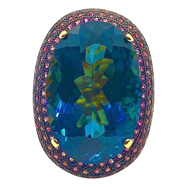 Bochic “Orient” Vintage London Blue Topaz & Rhodolite Ring Set In 18 K Gold & Silver For Sale