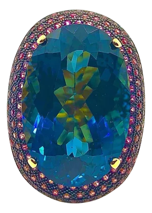 Bochic “Orient” Vintage London Blue Topaz & Rhodolite Ring Set In 18 K Gold & Silver