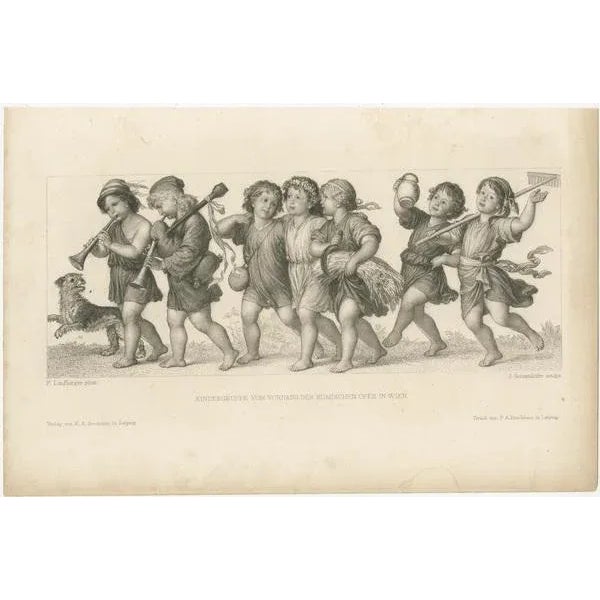 Antique print titled 'Kindergruppe vom Vorhang der Komischen Oper in Wien'. This print shows part of the curtain for the...