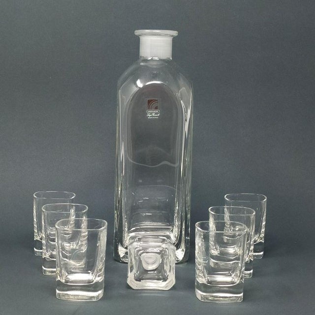 Astonishing mid-century vintage crystal decanter with 6 crystal glasses 1970s made in italy signed luigi bormioli...