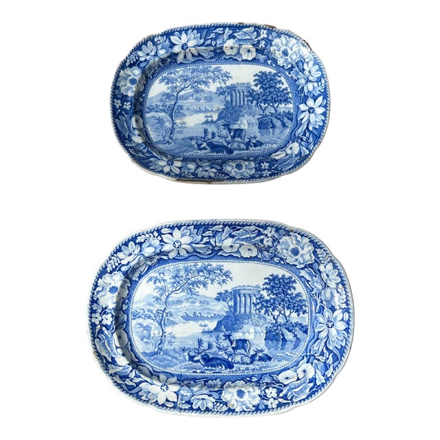 Antique English Staffordshire Blue and White Platters For Sale