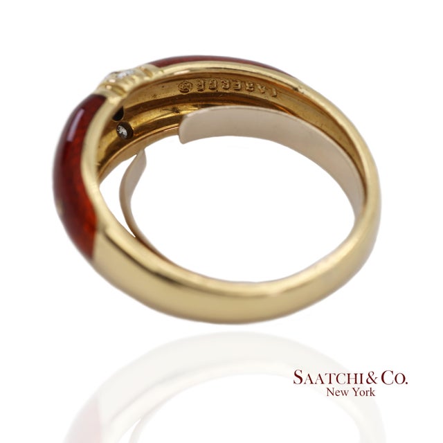 Red Vintage Faberge 18k (750) Solid Yellow Gold Red Enamel Diamond Ring, Size 7.5 For Sale - Image 8 of 12