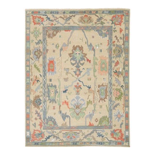 Modern Hand-Knotted Oushak Style Wool Area Rug in Pastel Palette and Soft Beige For Sale