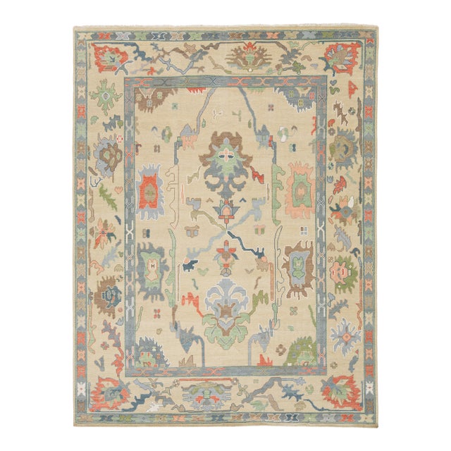 Modern Hand-Knotted Oushak Style Wool Area Rug in Pastel Palette and Soft Beige For Sale