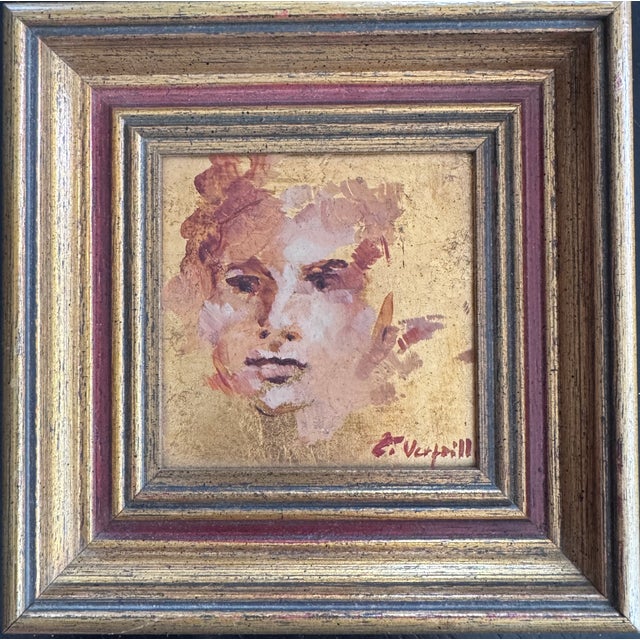 Eddie Versaille, Expressionist Portrait, 1980s, Oil on Panel & Gold Leaf For Sale - Image 4 of 4