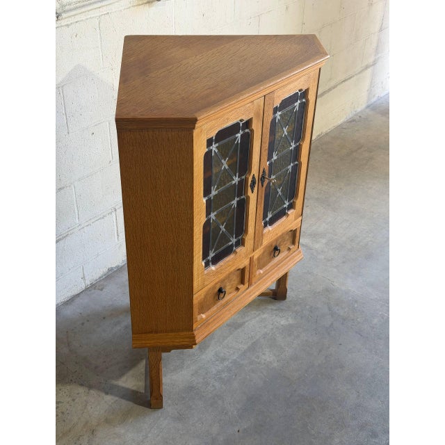 Vintage Danish Oak Corner Cabinet in Style of Henning Kjærnulf Leaded Glass Bar Cabinet For Sale - Image 10 of 10