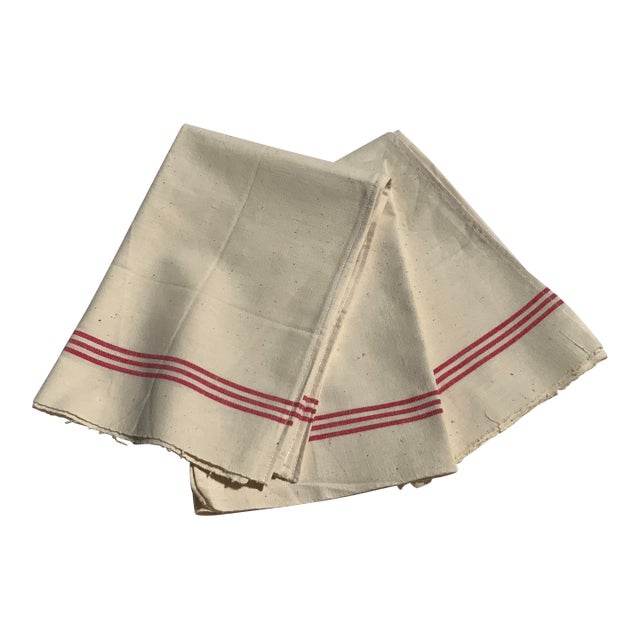 Set of 3 Antique French Red Stripe Torchon Linen Kitchen Towels, South of France, Early 20th Century For Sale