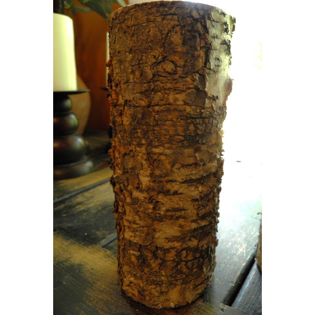 Early 21st Century 3 Rustic Birch Bark Wax Candles Led Flickering Flameless Lights 8”+8”+6” For Sale - Image 5 of 7