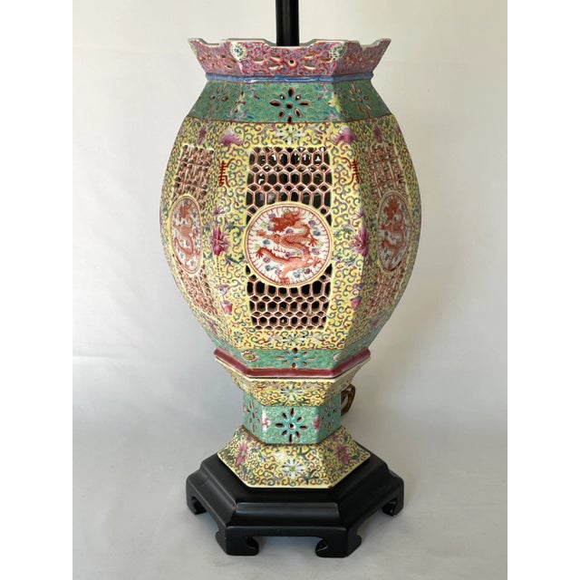 Antique Chinese Famille Rose Porcelain Imperial Dragon Wedding Lantern Lamp For Sale - Image 9 of 10