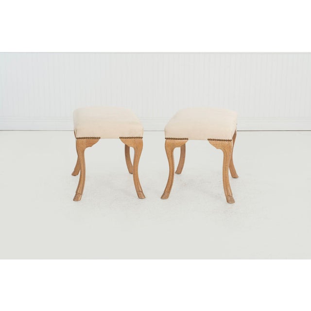 Wood Pair of William Switzer Stools, Circa 1985 – Maple Hoof-Foot Bases & Diamond-Print Upholstery For Sale - Image 7 of 8