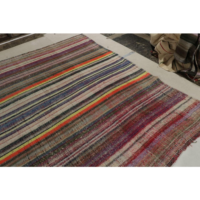 1950s Handwoven Vintage Turkish Kilim Rug in Polychromatic Striped Pattern For Sale - Image 5 of 7