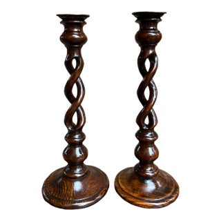 Antique English Oak Open Barley Twist Candlesticks Jacobean Pair C1860 12.5” For Sale