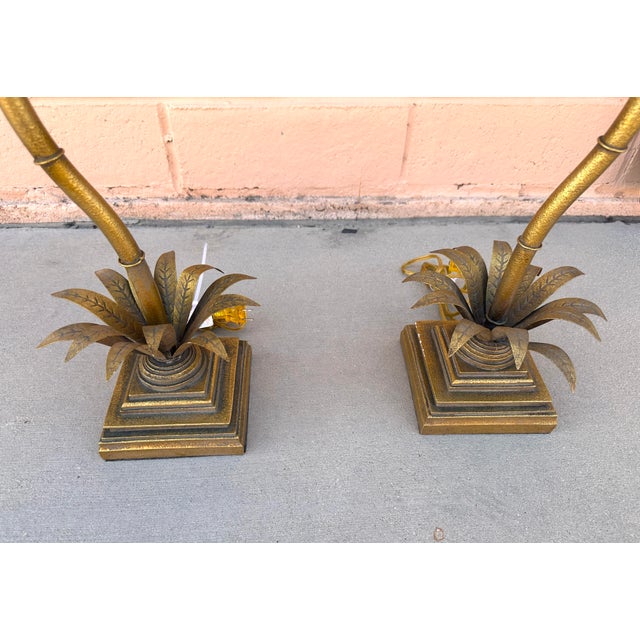 Wood Hollywood Regency Gold Palm Tree Table Lamps - A Pair For Sale - Image 7 of 12