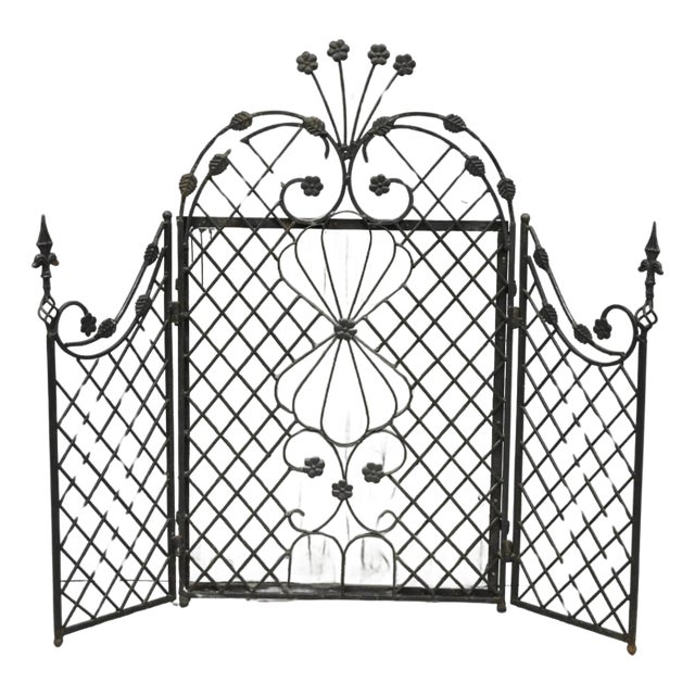 Antique Gothic Arts & Crafts Wrought Iron Scrolling Folding Fireplace Screen For Sale