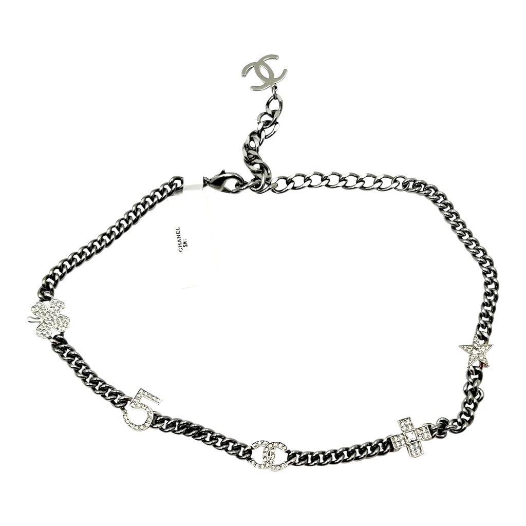 Chanel Brand New Silver 5 Crystal Charms Gunmetal Chain  display picture 2