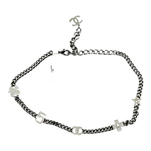 Chanel Brand New Silver 5 Crystal Charms Gunmetal Chain Choker Necklace