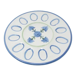 Vintage Louisville Pottery Stoneware Deviled Egg Plate With Blue Bachelor Button Floral Pattern