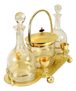Silver Plated Tantalus Decanter Set with Liqueur Glasses and Covered Jar, Set of 4