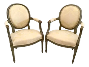 French Bronze Louis XVI Fauteuils in New Yellow Damask Upholstery -A Pair