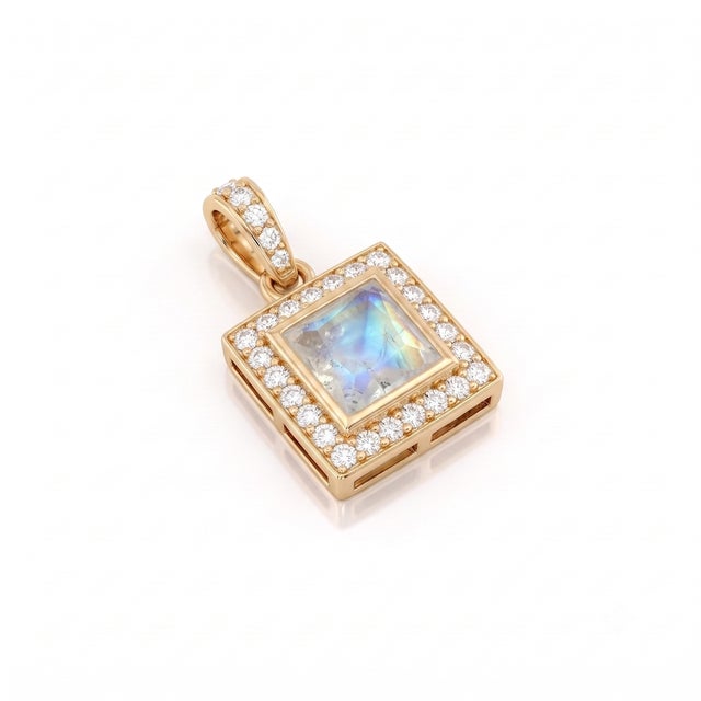 This enchanting pendant features a mesmerizing square-cut moonstone at its center, prized for its ethereal blue sheen that...