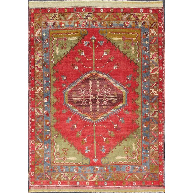 Antique Turkish Medallion Oushak Rug in Red, Green and Blue 6'0 X 8'6 For Sale - Image 13 of 13