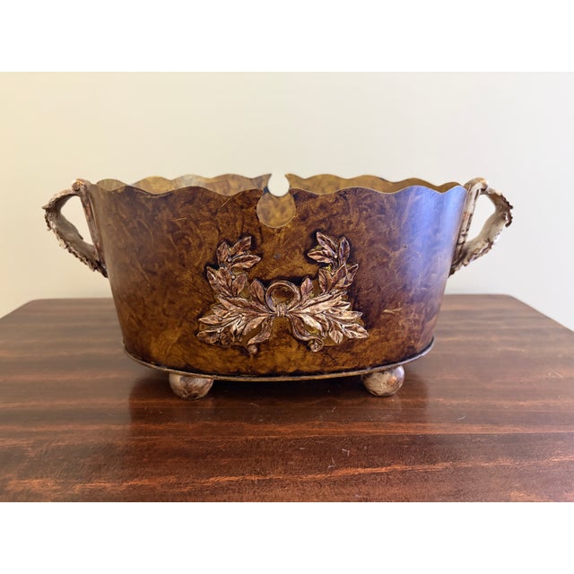 Vintage Neoclassical Faux Bois Tole Cachepot With Laurel Wreath Mounts For Sale - Image 10 of 11