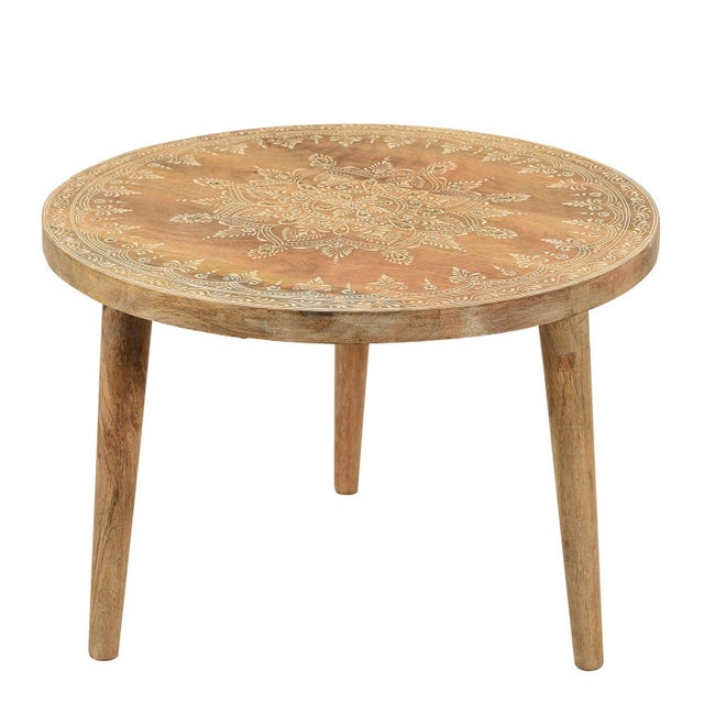 Contemporary Farmhouse Style Natural Wooden Hand Painted 20" Round Side For Sale - Image 3 of 3