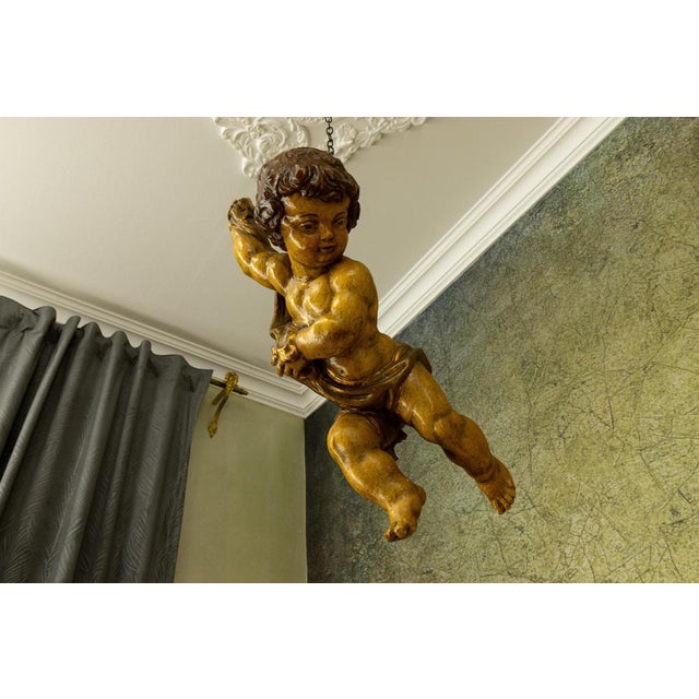 1950s German Baroque Revival Style Polychromed Carved Wood Putto Figure For Sale - Image 5 of 18