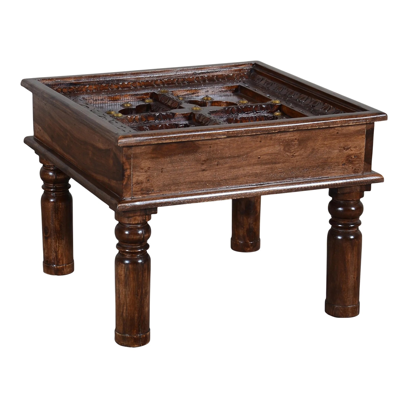 Contemporary Carved Wood End Table With Brass Accents Chairish