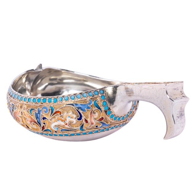 Metal Antique Imperial Russian Silver Cloisonne Enamel Kovsh Ovchinnikov Moscow 1896 For Sale - Image 7 of 12