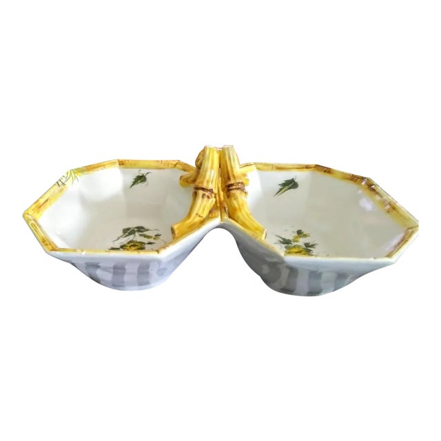 Italian Double Deep Ceramic Faux Bamboo Bowl Server For Sale