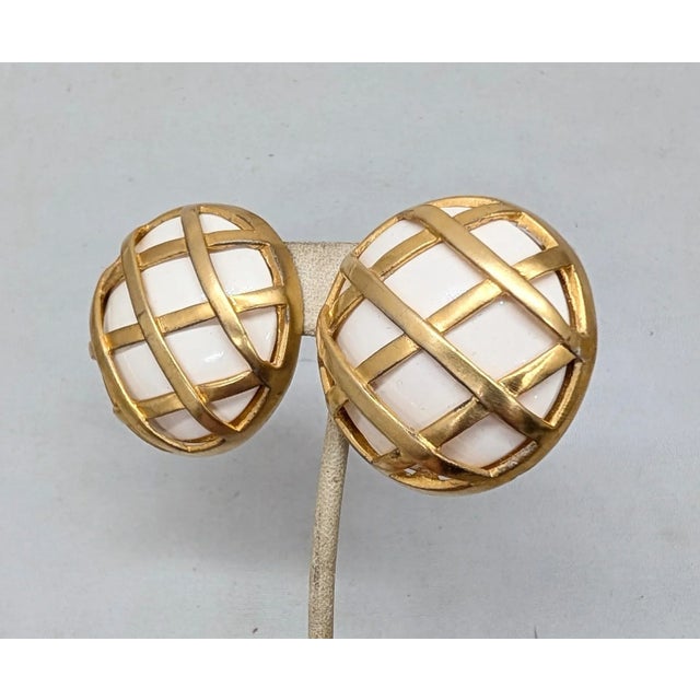 Metal Vintage Signed Ugo Correani Italy Goldtone Round Domed White Cabochon Caged Clip Earrings-2 Pieces For Sale - Image 7 of 7